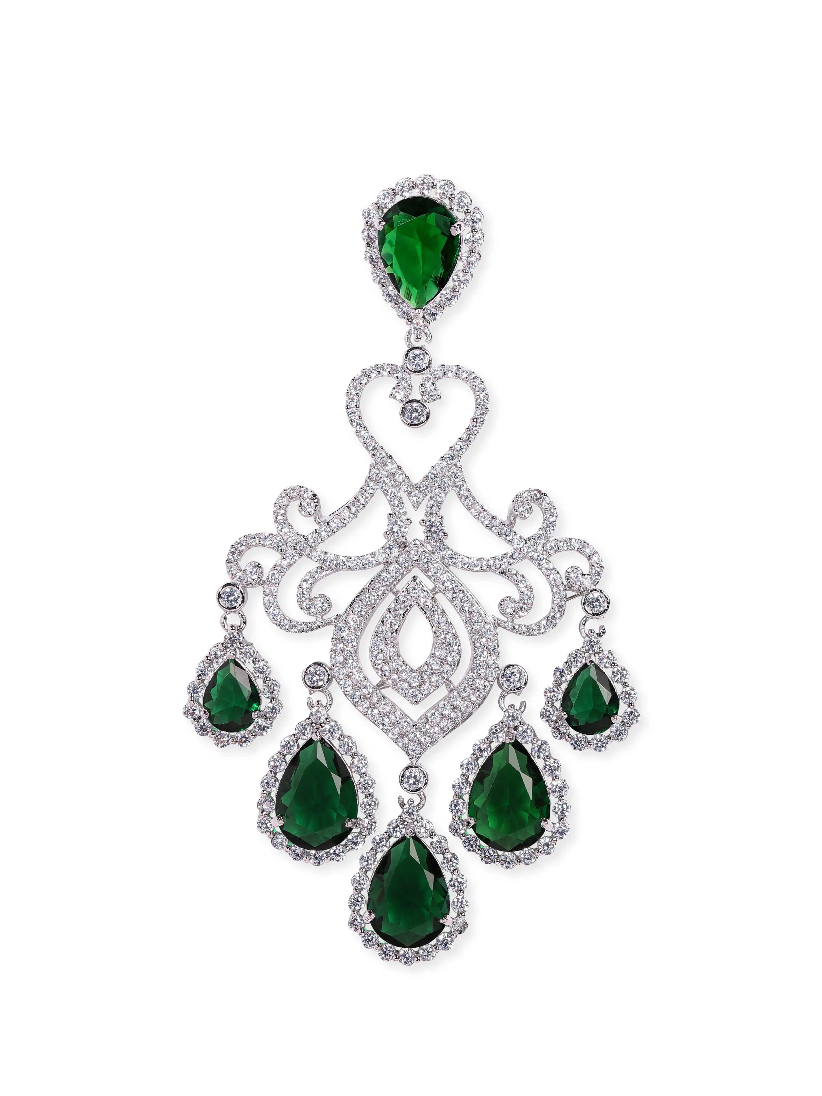 Rubans Premium Rhodium plated AAA Cubic Zirconia Emerald Green studded Statement chandelier Earring