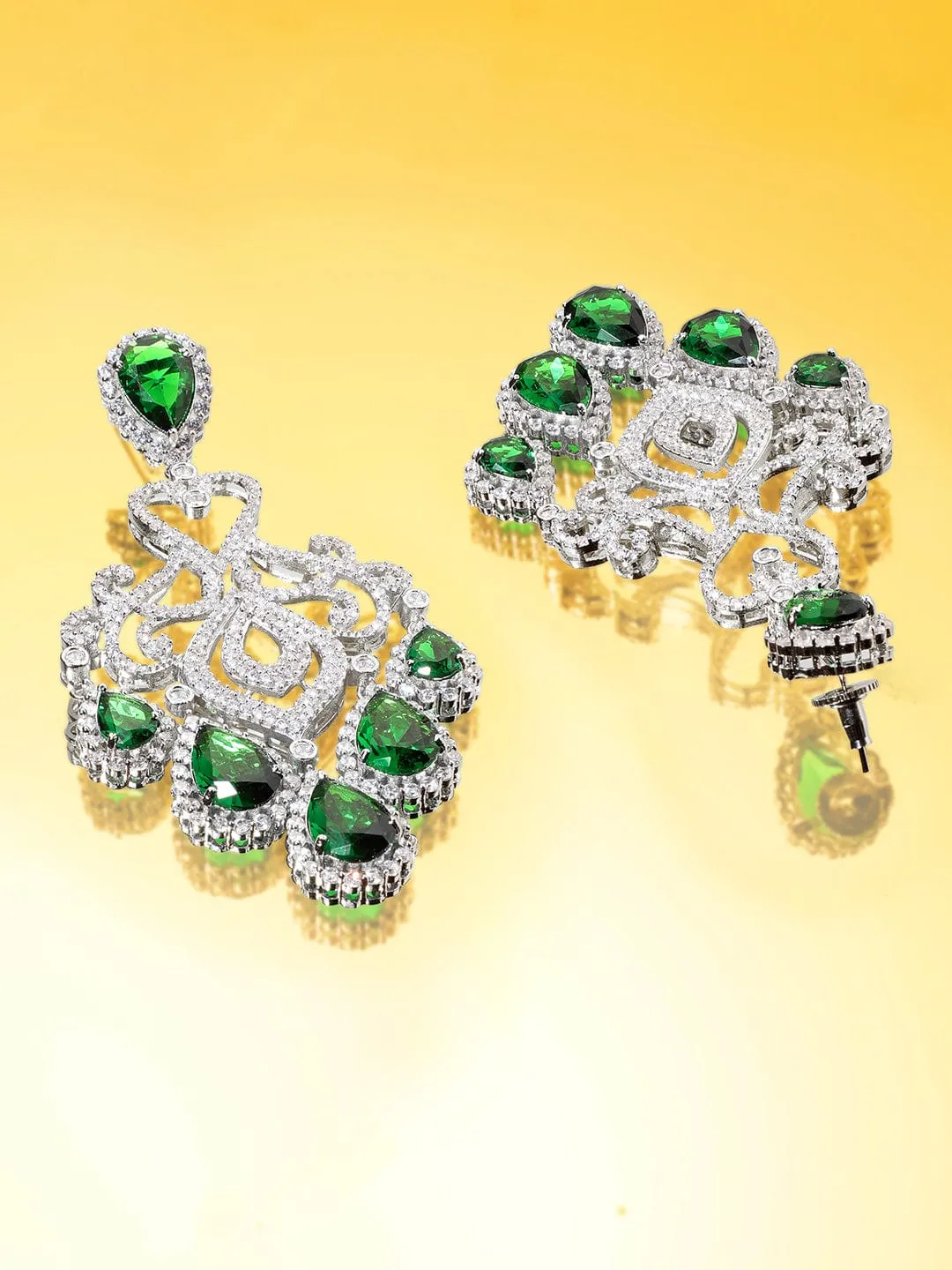 Rubans Premium Rhodium plated AAA Cubic Zirconia Emerald Green studded Statement chandelier Earring