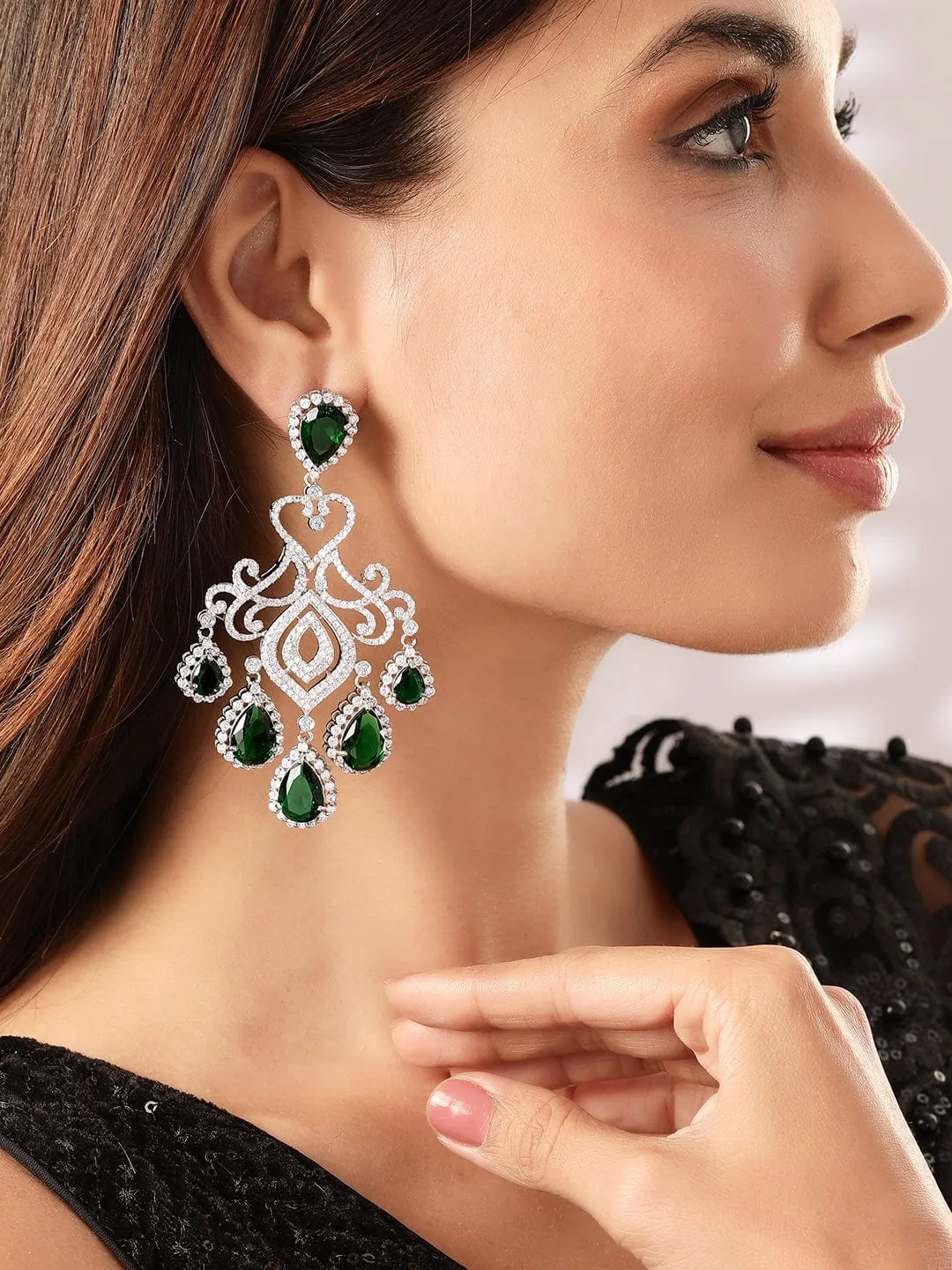 Rubans Premium Rhodium plated AAA Cubic Zirconia Emerald Green studded Statement chandelier Earring