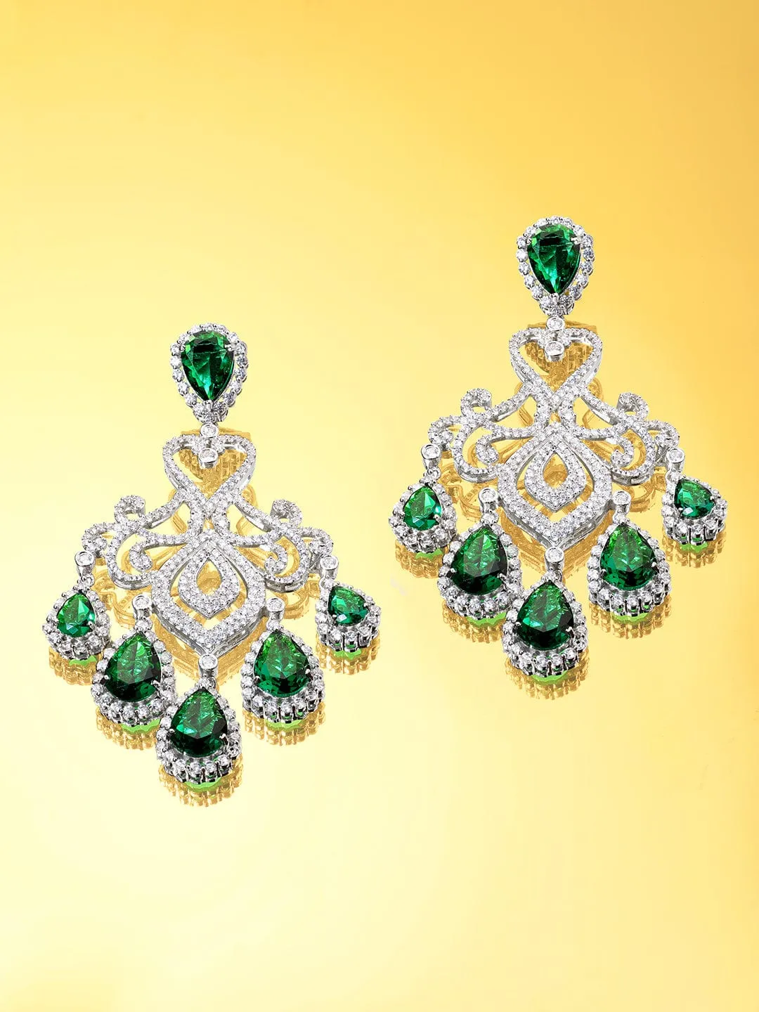 Rubans Premium Rhodium plated AAA Cubic Zirconia Emerald Green studded Statement chandelier Earring