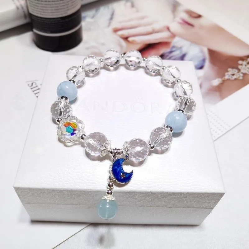 S925 Sterling Silver White Crystal Mix Aquamarine Healing Crystal Bracelet