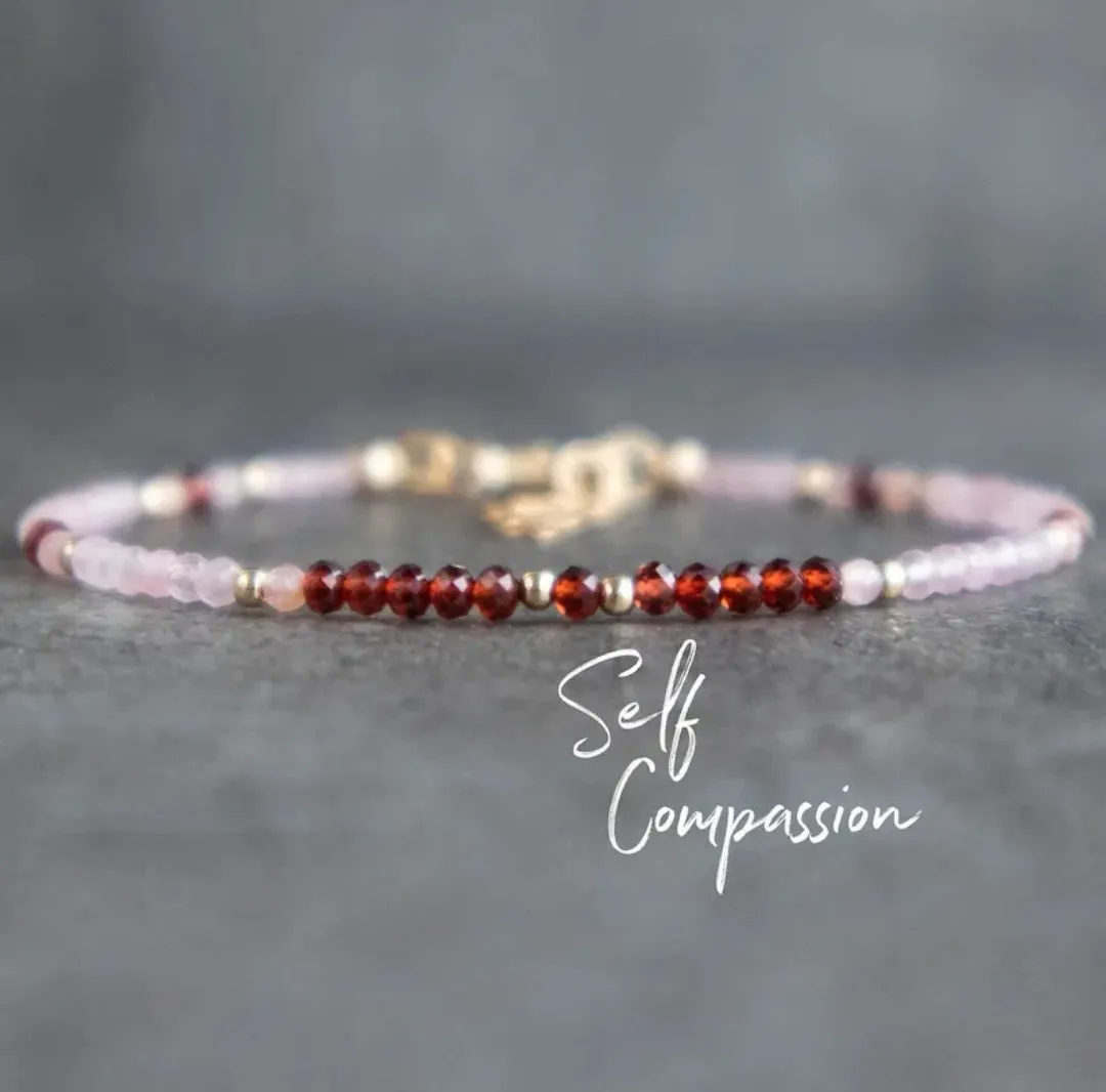 Self Love and Compassion - Delicate Garnet, Rose Quartz Gemstone Bracelet