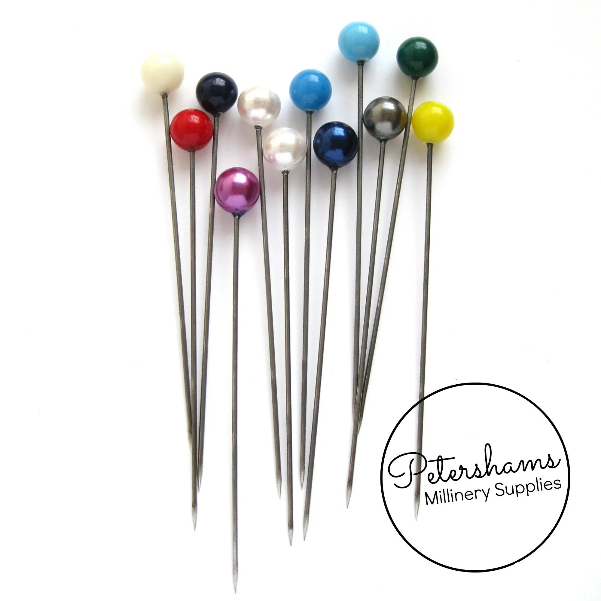 Set of 12 Extra Long 9cm (3.5 inch) Round Millinery Hat Pins - Assorted Colours