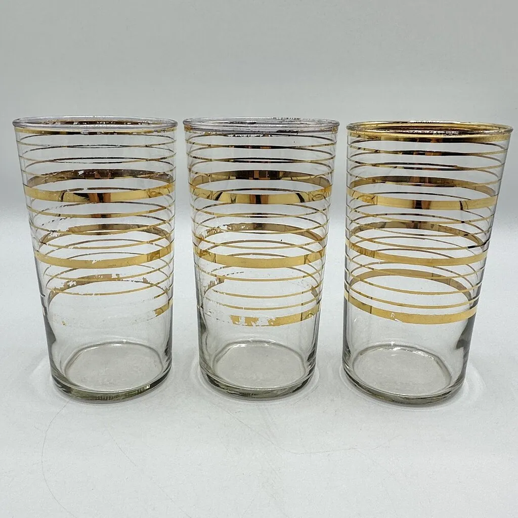 Set Of 3 MCM 4 1/2” Highball Glasses Gold Band Vintage Barware /cb