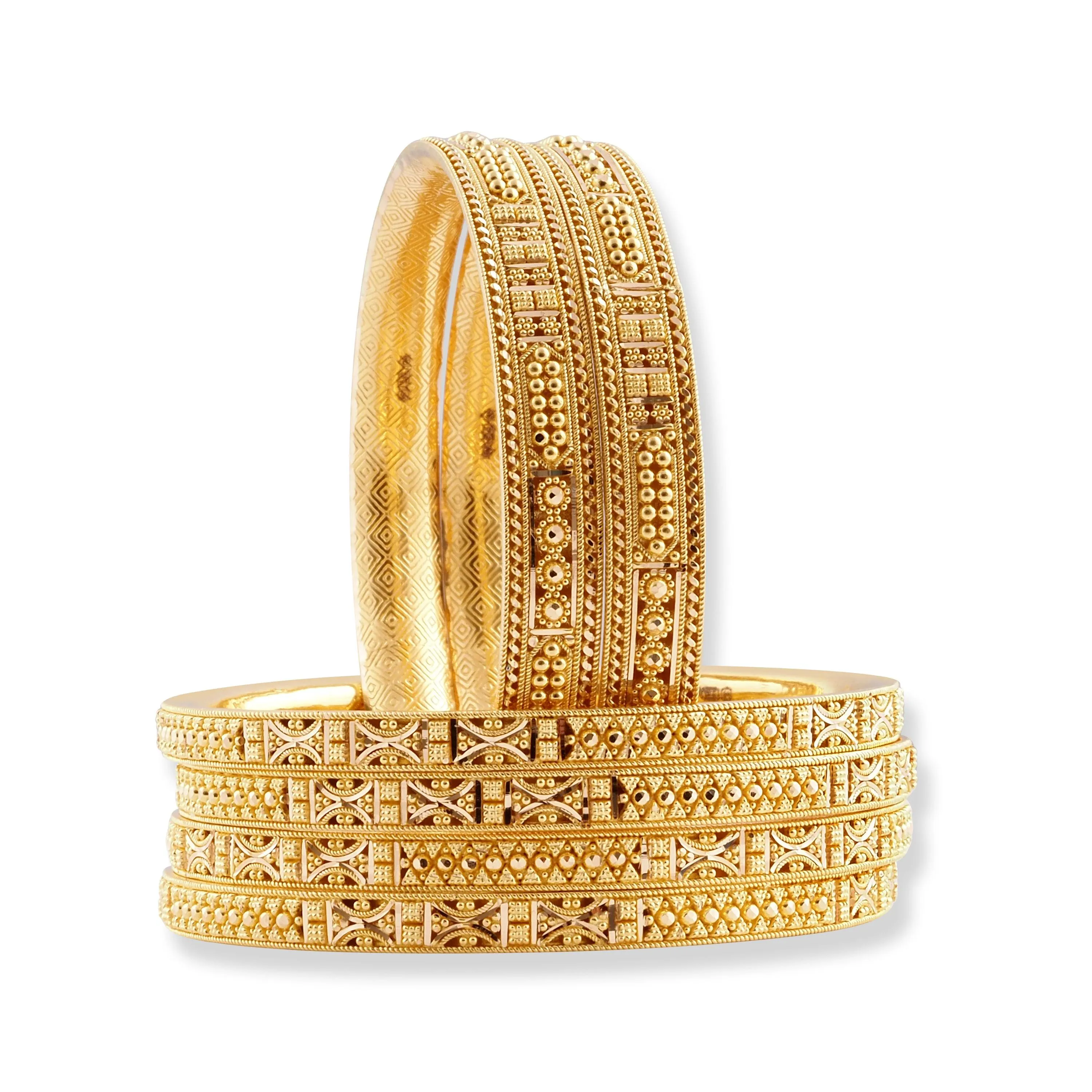 Set of Six 22ct Gold Bangles with Diamond Cut Design and Filigree Work B-8573