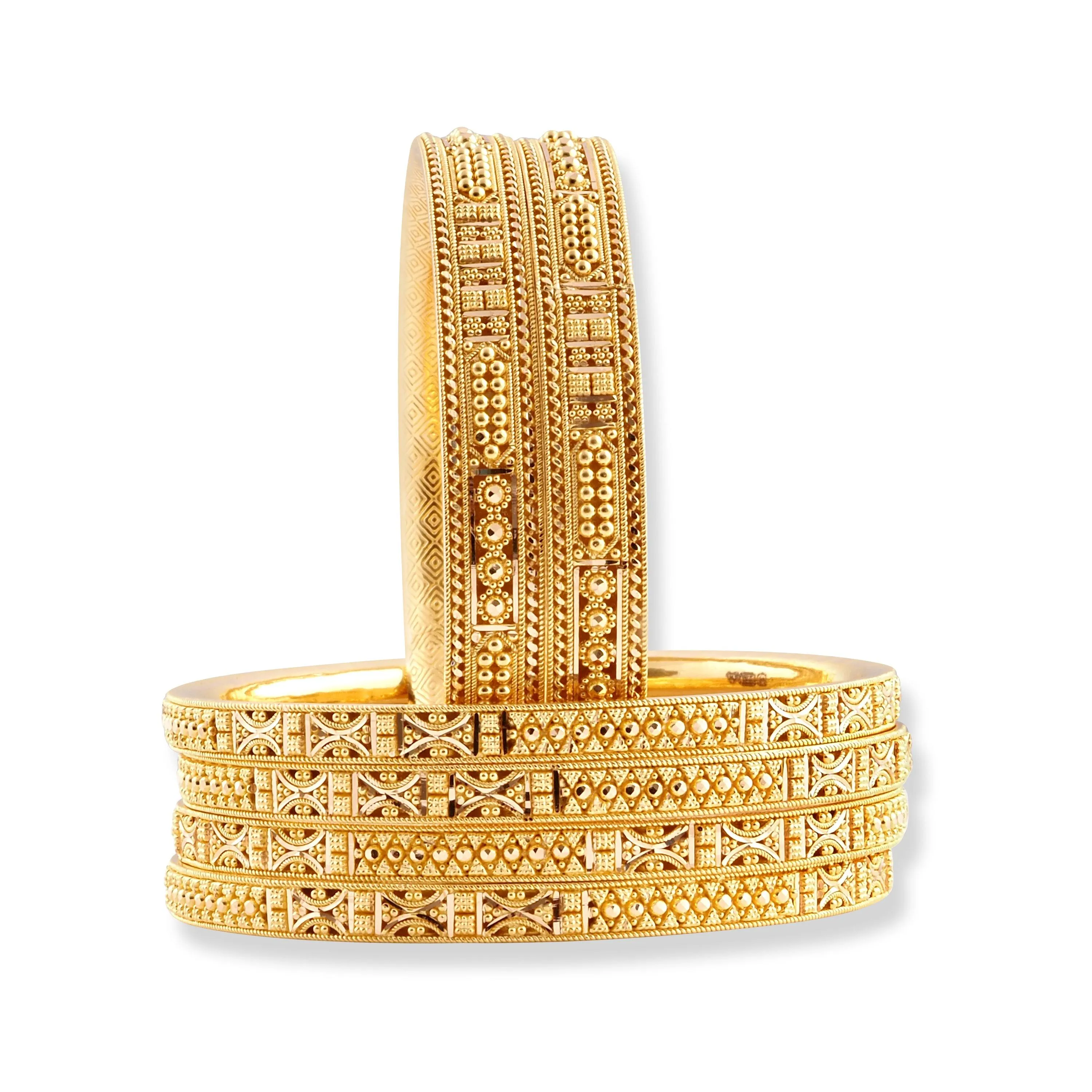 Set of Six 22ct Gold Bangles with Diamond Cut Design and Filigree Work B-8573