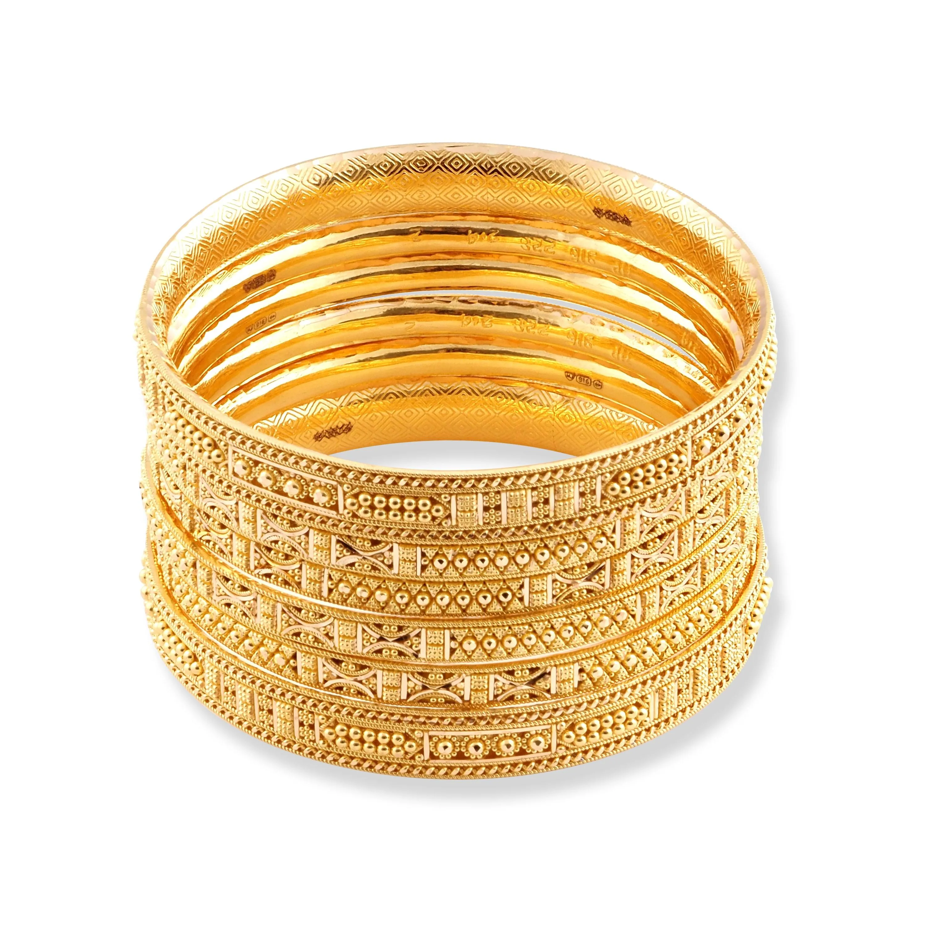 Set of Six 22ct Gold Bangles with Diamond Cut Design and Filigree Work B-8573