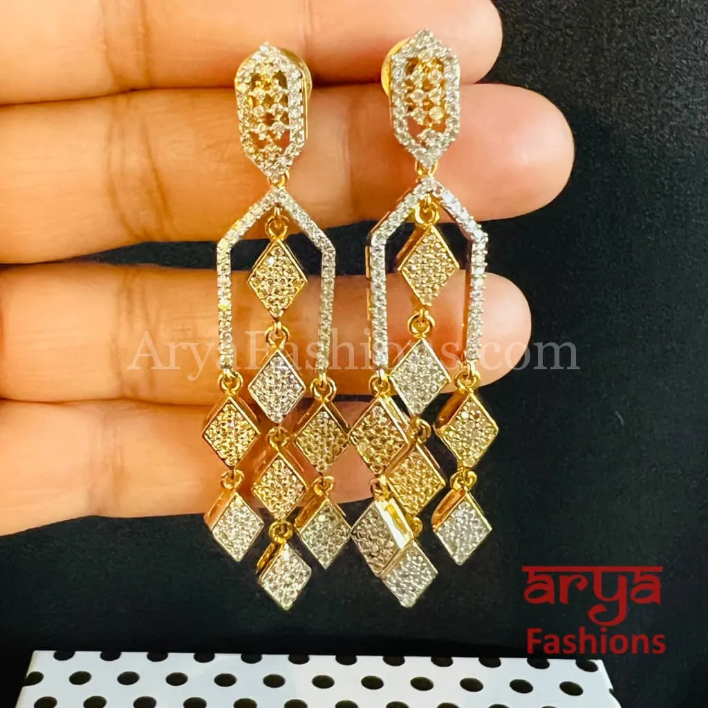 Silver Golden CZ Contemporary Earrings