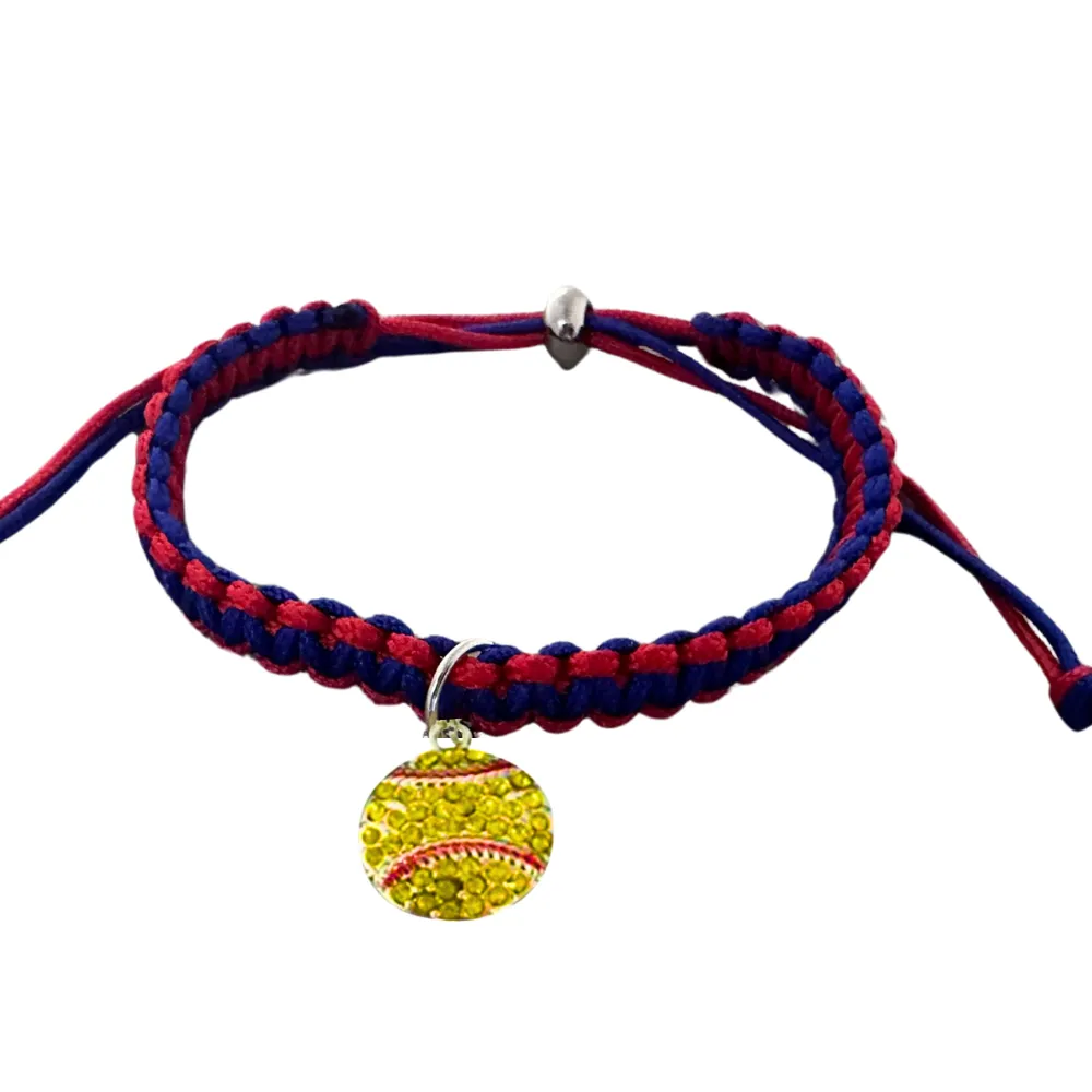 Softball Charm Multi Colored Rope Bracelet - Pick Colors & Charms