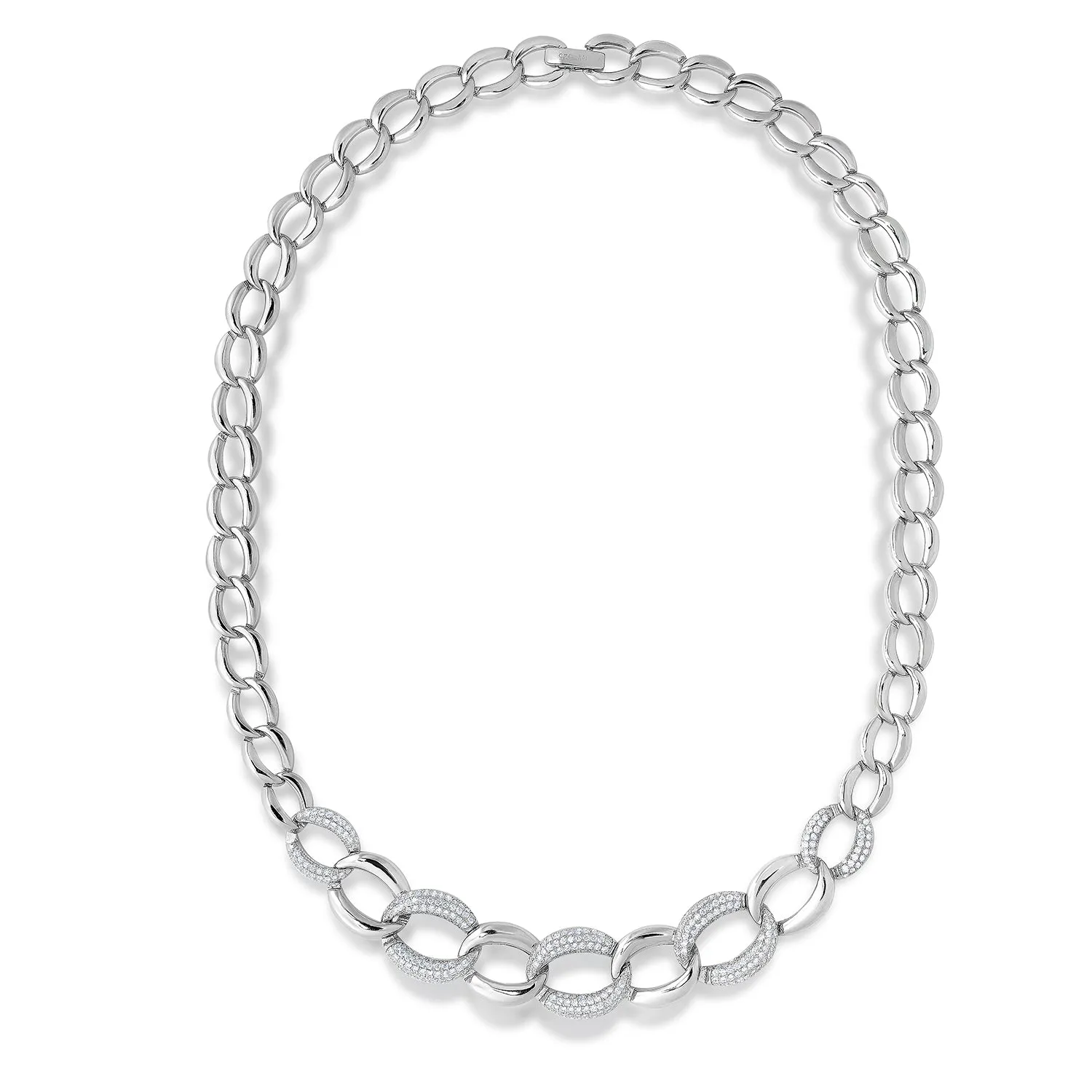 Solid 925 Sterling Silver Cuban Link Necklace, Set With Pave Brilliant CZ Stones, 18 Inch