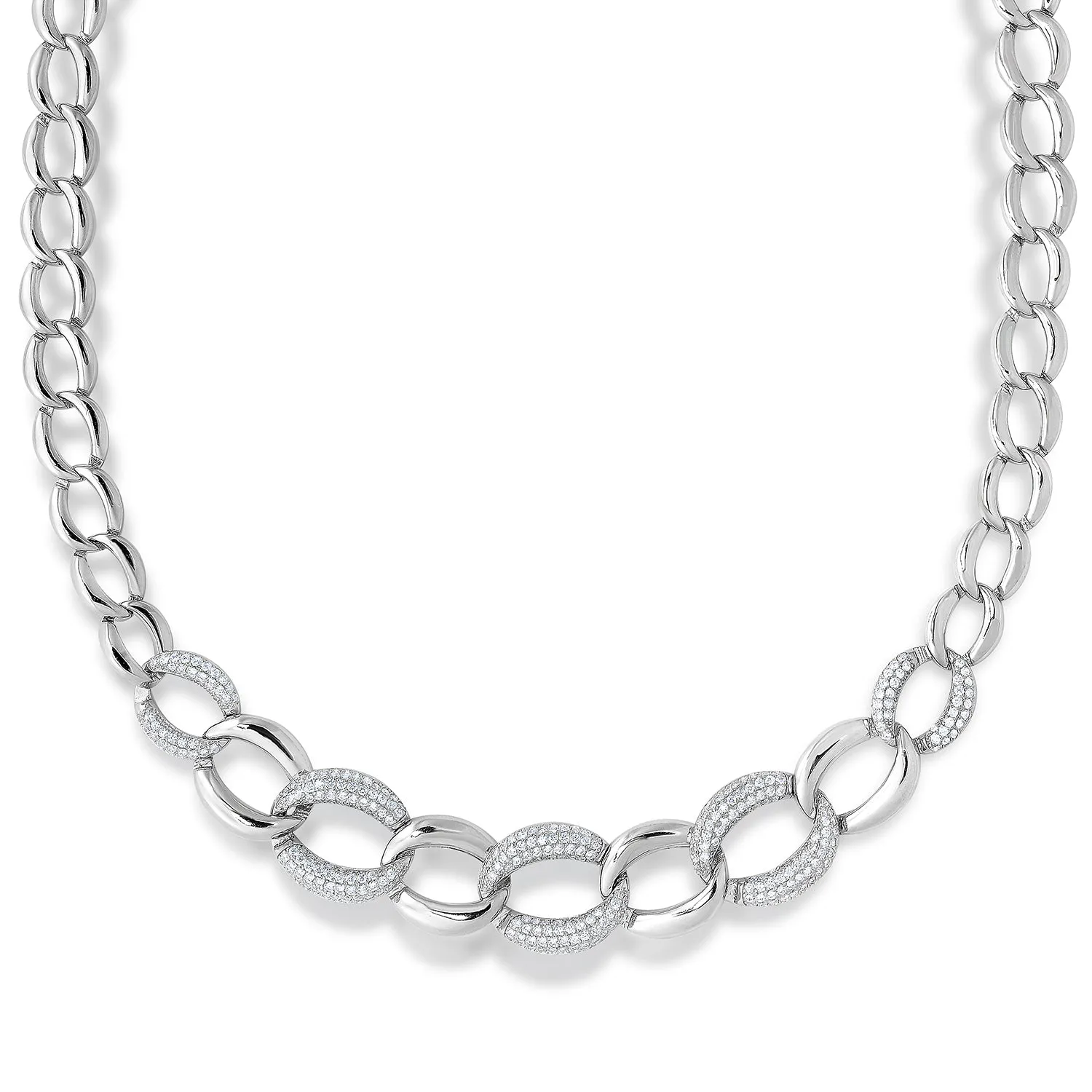 Solid 925 Sterling Silver Cuban Link Necklace, Set With Pave Brilliant CZ Stones, 18 Inch