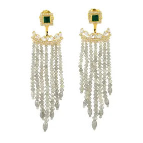 Square Emerald Faceted Ice Diamond Beaded Tassel Ear Jacket Earrings In 18K Yellow Gold