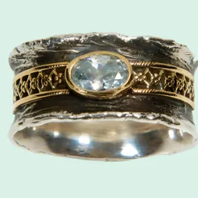 Statement sterling silver fashion ring, Spinner Ring silver and 9 ct gold set CZ / Garnet / Opal