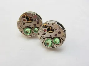 Steampunk Stud Earrings with Mechanical Watch Movement, Steampunk Earrings , Steampunk jewelry Peridot Birthstone August Birthday