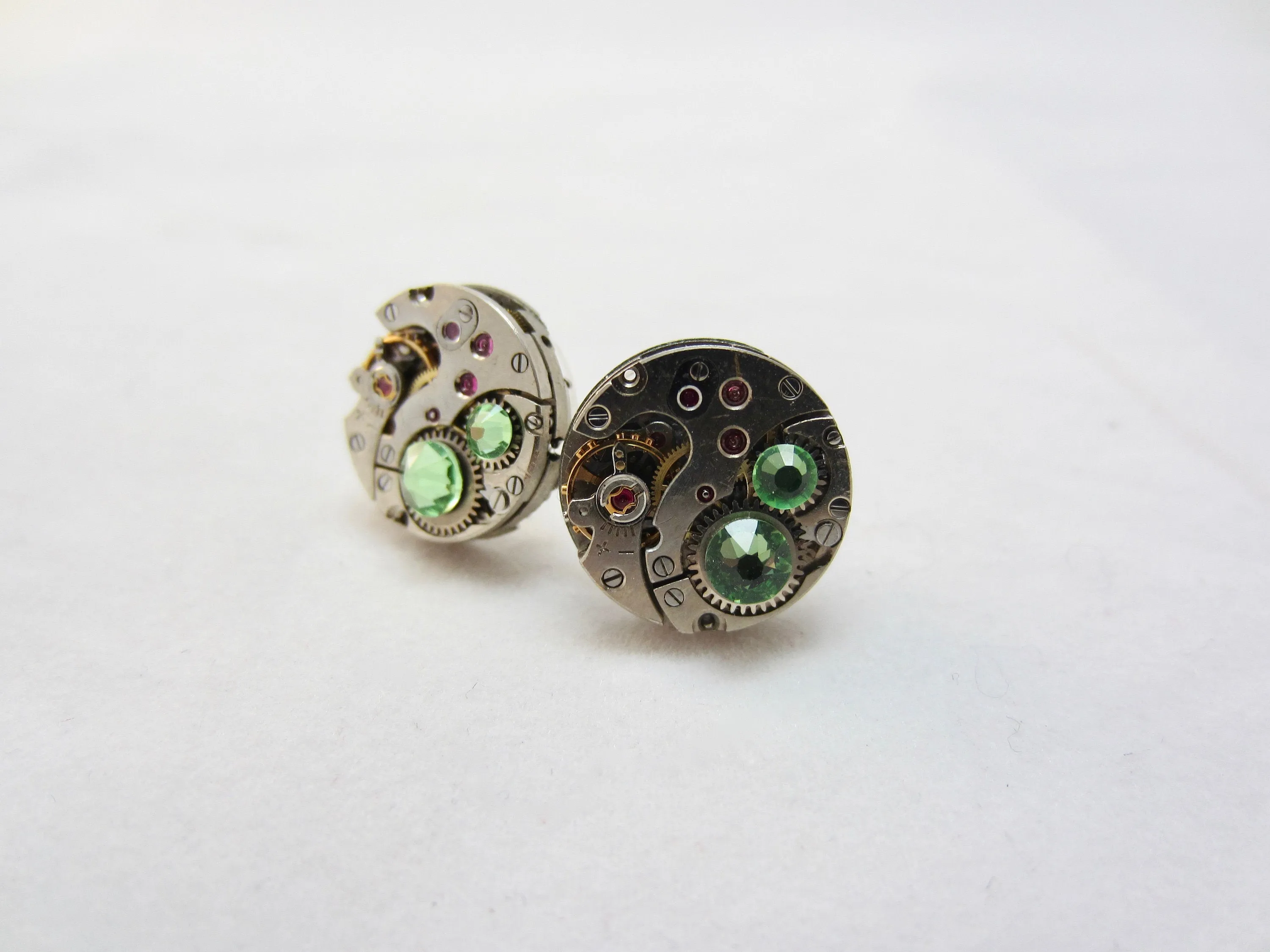 Steampunk Stud Earrings with Mechanical Watch Movement, Steampunk Earrings , Steampunk jewelry Peridot Birthstone August Birthday