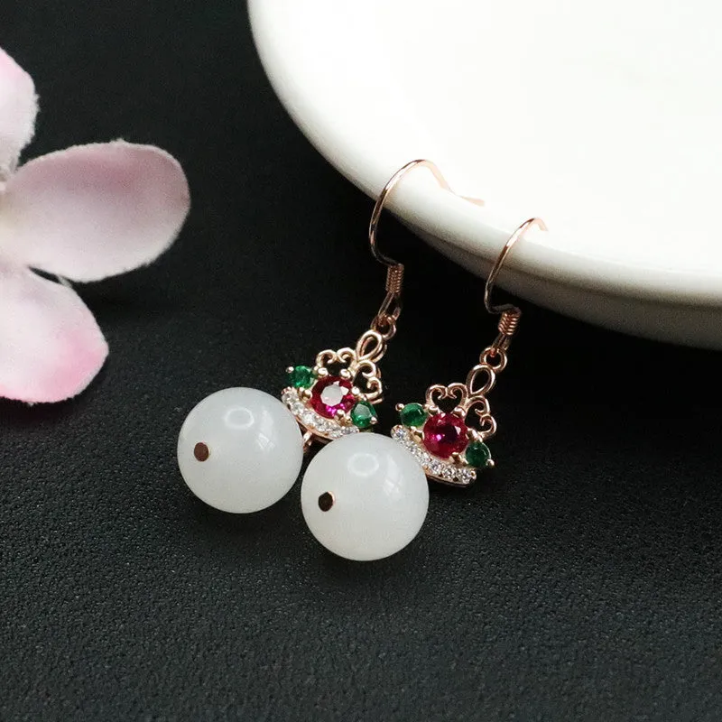 Sterling Silver Earrings with Natural Hotan White Jade and Colorful Zircon Insets