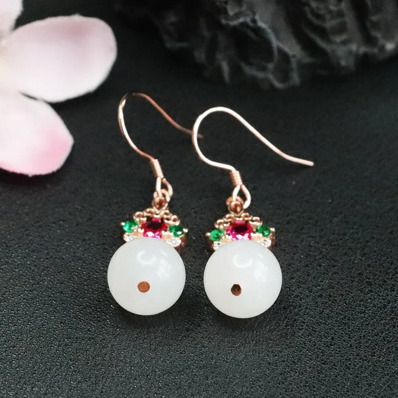 Sterling Silver Earrings with Natural Hotan White Jade and Colorful Zircon Insets