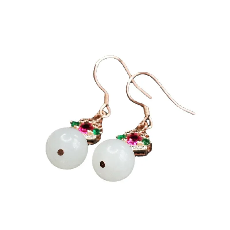 Sterling Silver Earrings with Natural Hotan White Jade and Colorful Zircon Insets