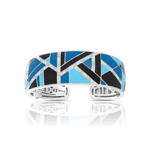 Sterling Silver Rhodium Plated Blue and Black Enamel and CZ