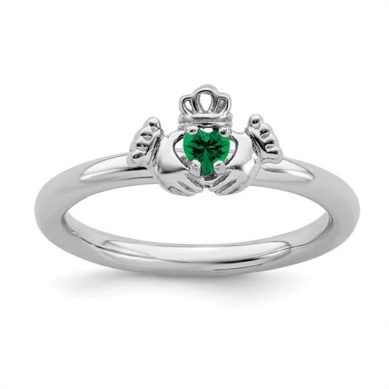 Sterling Silver Stackable Expressions Created Emerald Claddagh Ring