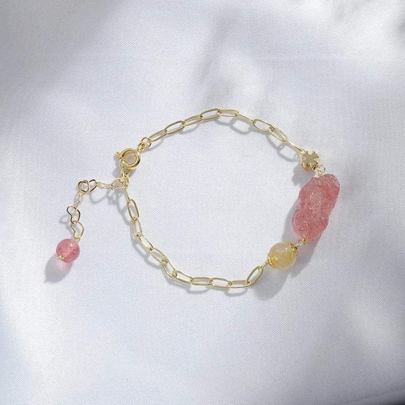 Strawberry Crystal Pixiu Bracelet with Sterling Silver Needle