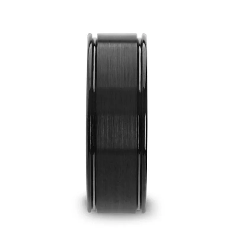 Thorsten TURNER Flat Brushed Finish Center Black Tungsten Carbide Wedding Band with Dual Offset Grooves and Polished Edges - 6mm & 8mm