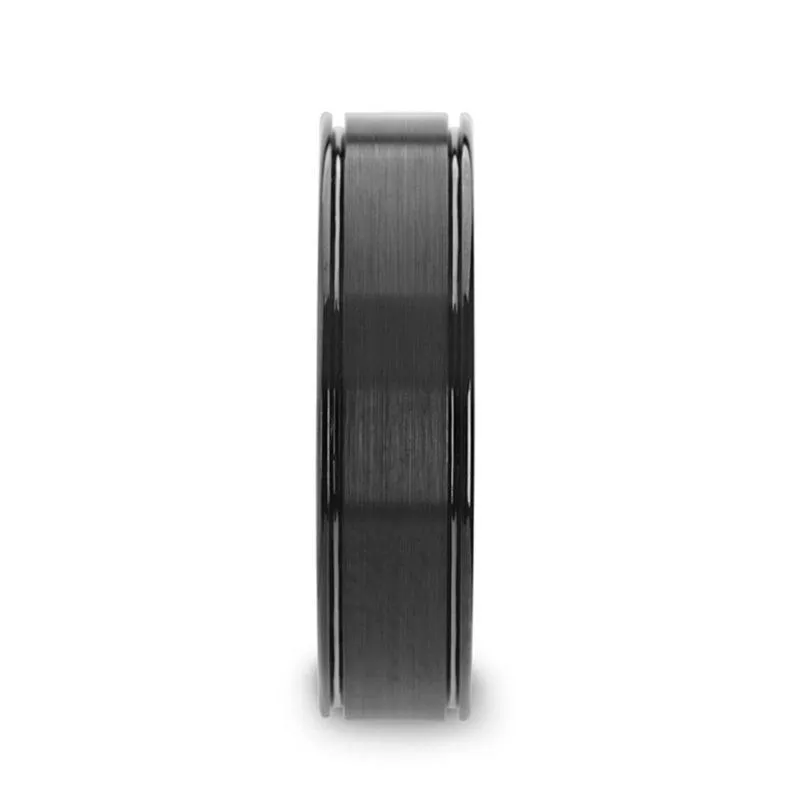 Thorsten TURNER Flat Brushed Finish Center Black Tungsten Carbide Wedding Band with Dual Offset Grooves and Polished Edges - 6mm & 8mm