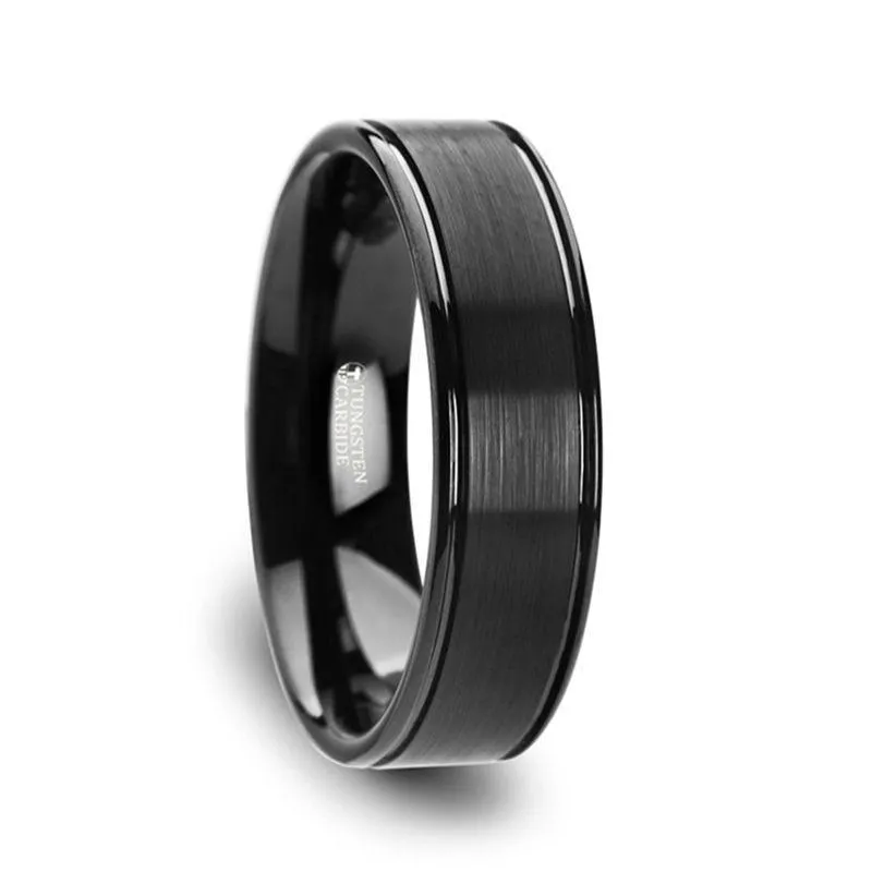 Thorsten TURNER Flat Brushed Finish Center Black Tungsten Carbide Wedding Band with Dual Offset Grooves and Polished Edges - 6mm & 8mm