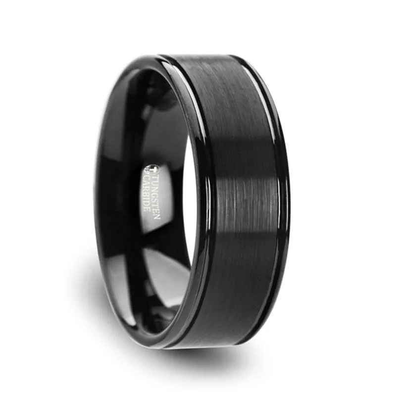 Thorsten TURNER Flat Brushed Finish Center Black Tungsten Carbide Wedding Band with Dual Offset Grooves and Polished Edges - 6mm & 8mm