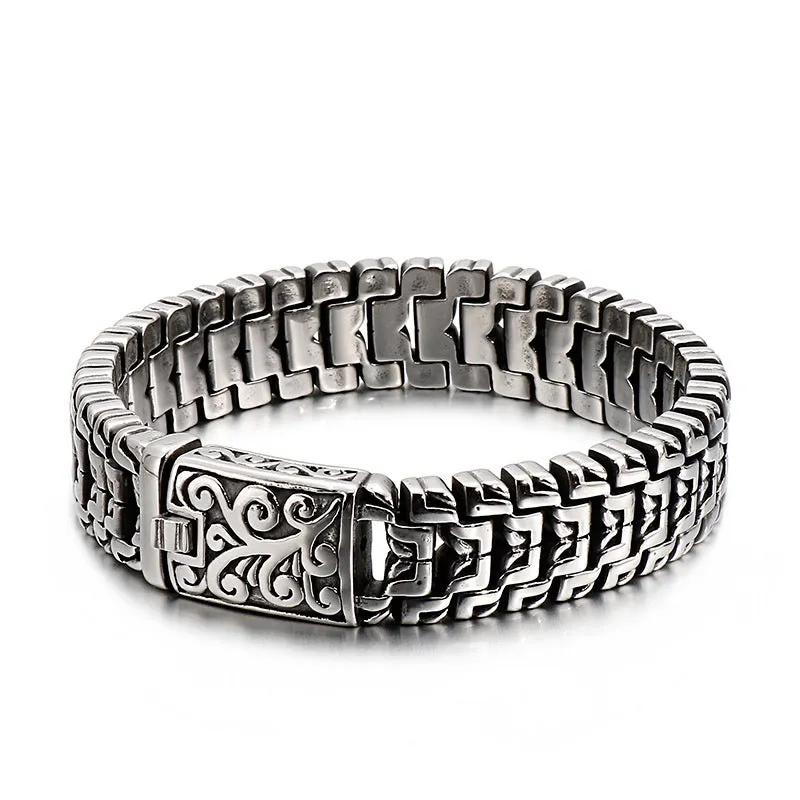 Titanium Steel Trendy Men's Bracelet with Dominant Floral Buckle - European and American Style Stainless Steel Jewelry