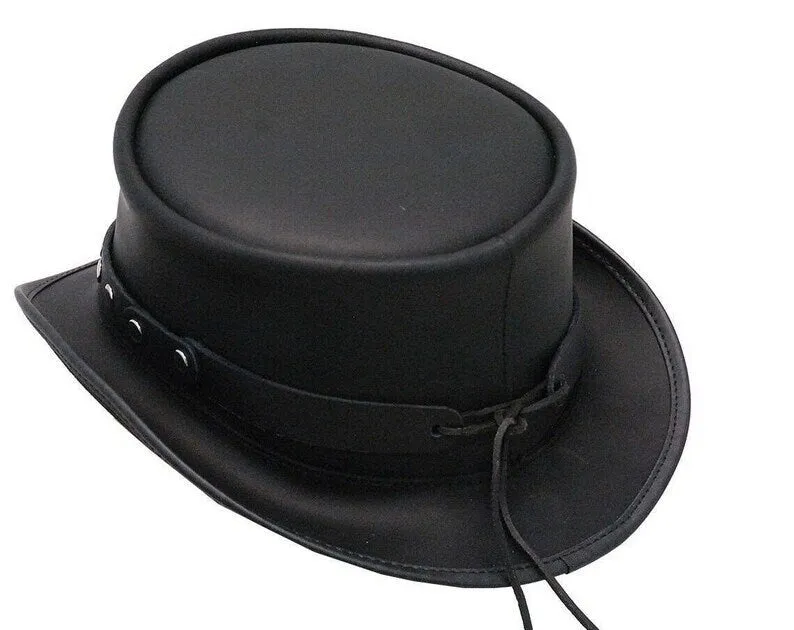 TOP HAT Black leather Steampunk / biker top hat made with a rivet trim leather hat ban New with Tags