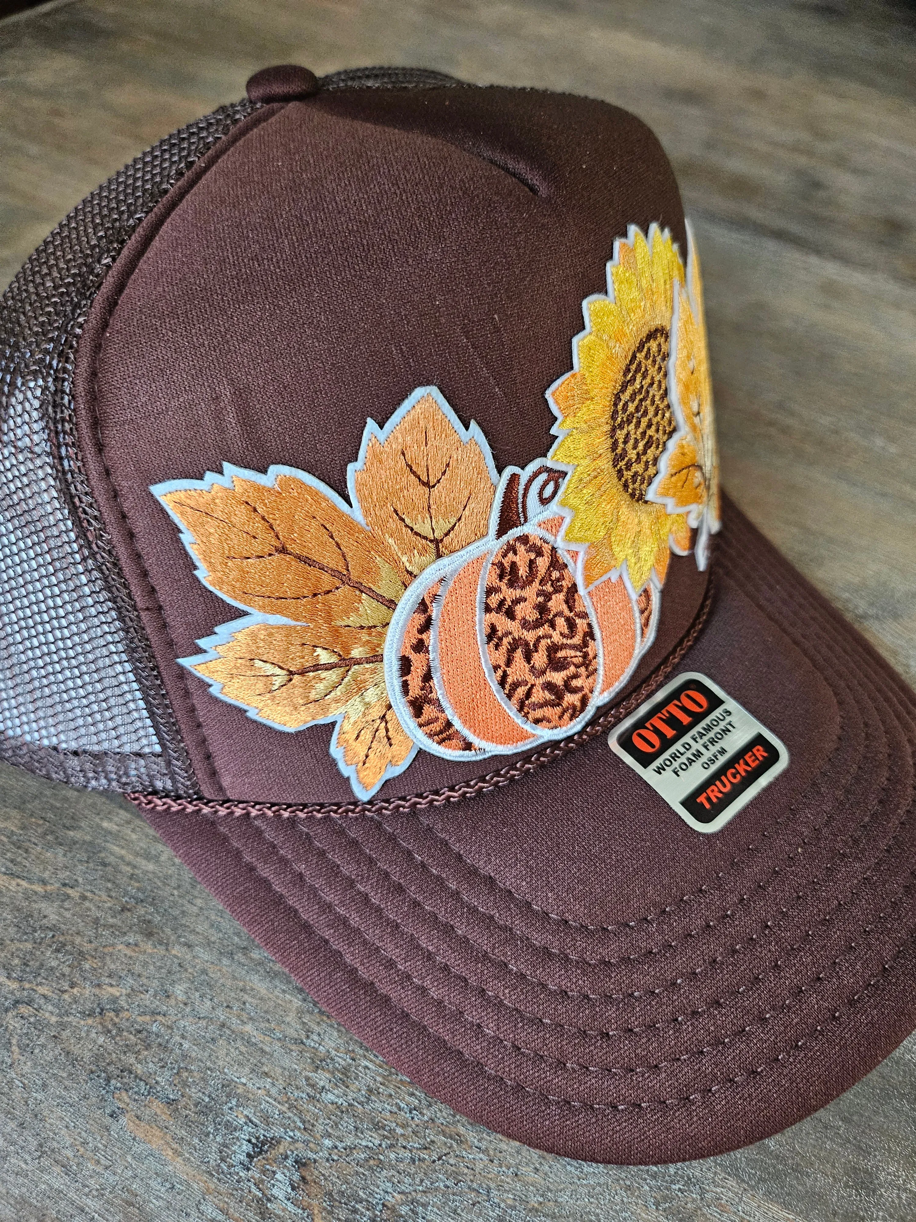 Trucker hat custom with fall leaves and sunflower embroidered patches