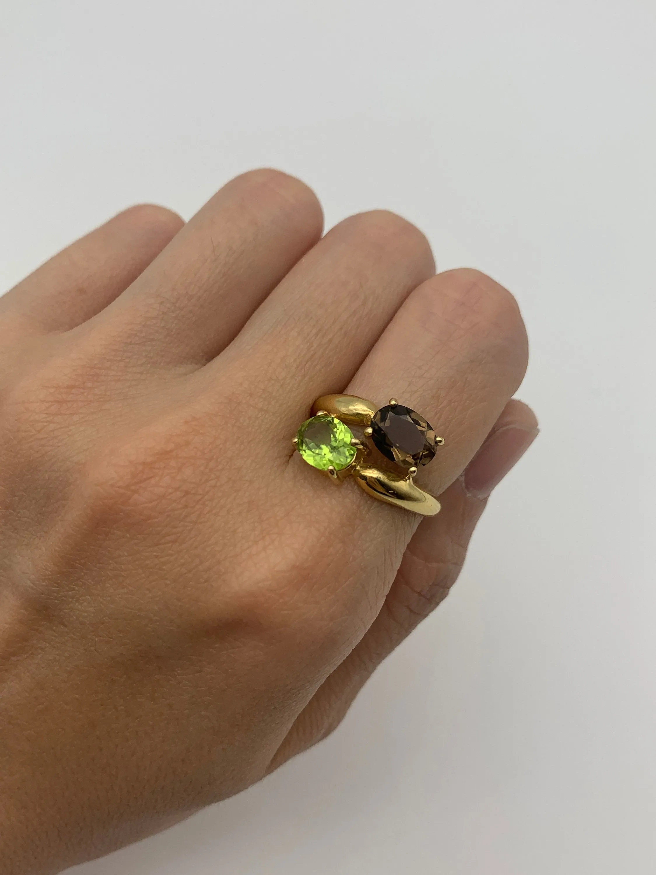 Two Stone Gold Ring - Topaz and Peridot Ring - Gold Bypass Ring