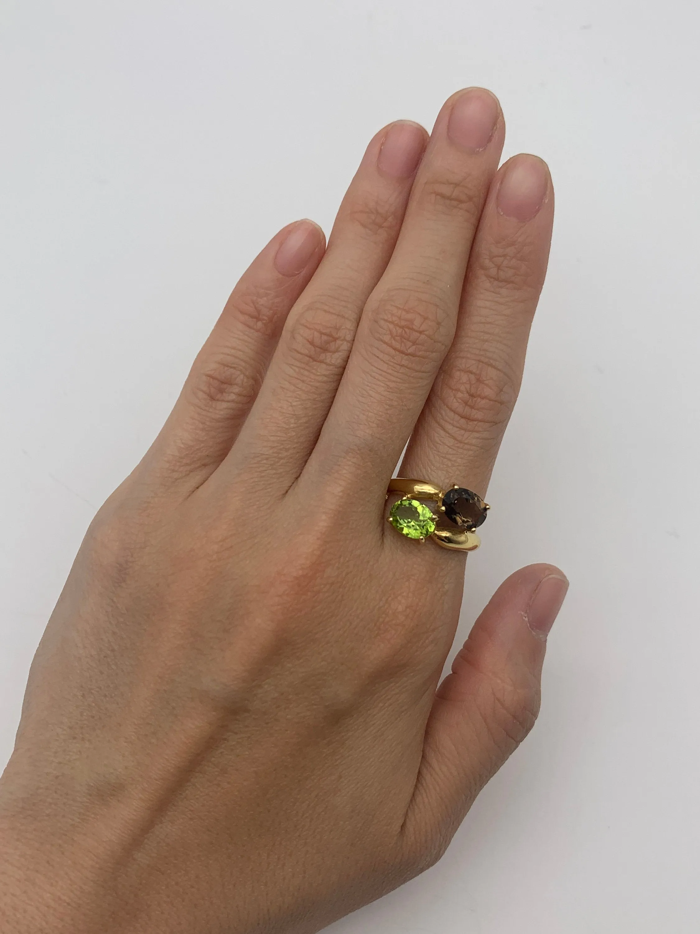 Two Stone Gold Ring - Topaz and Peridot Ring - Gold Bypass Ring