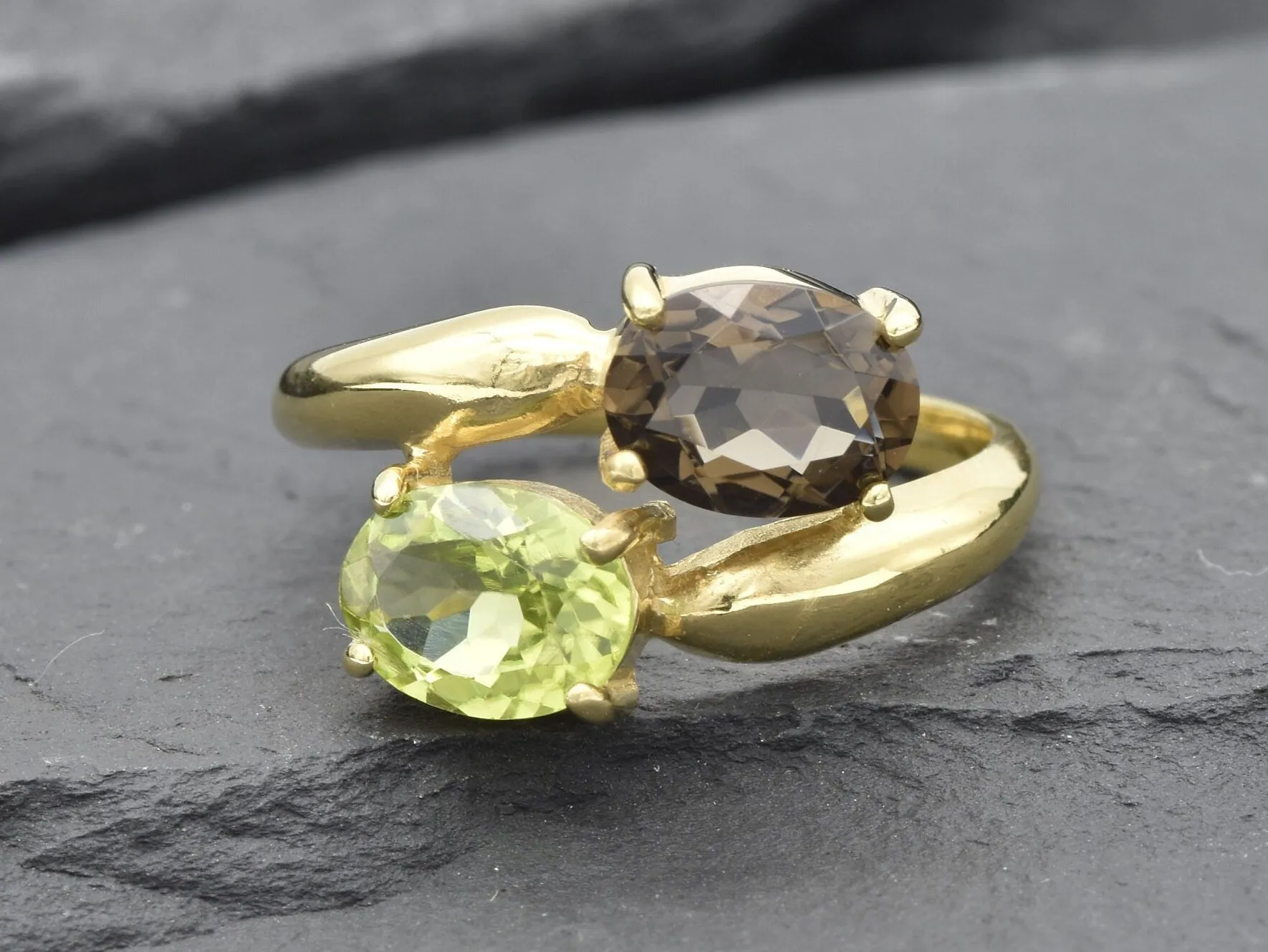 Two Stone Gold Ring - Topaz and Peridot Ring - Gold Bypass Ring