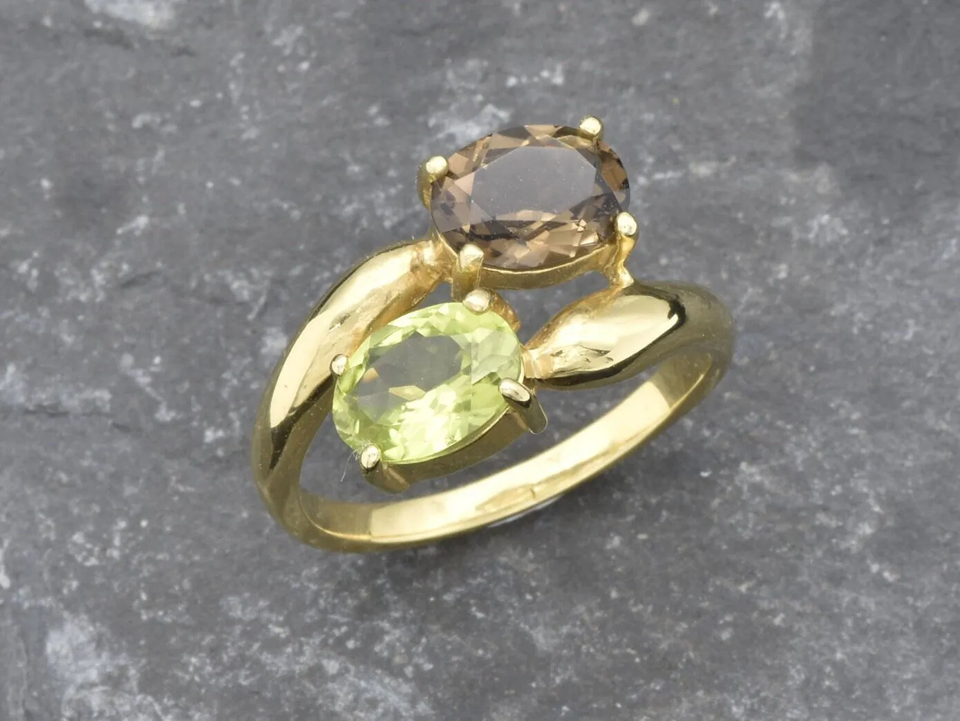 Two Stone Gold Ring - Topaz and Peridot Ring - Gold Bypass Ring