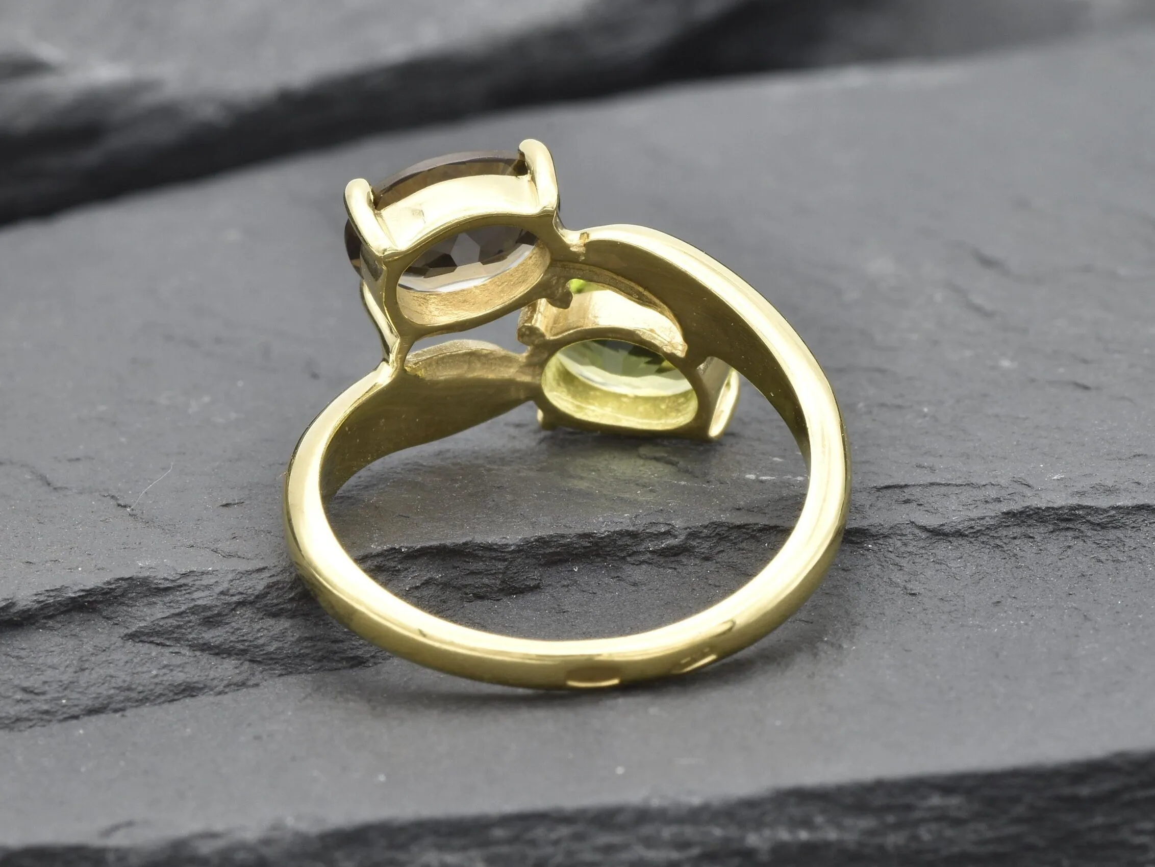 Two Stone Gold Ring - Topaz and Peridot Ring - Gold Bypass Ring