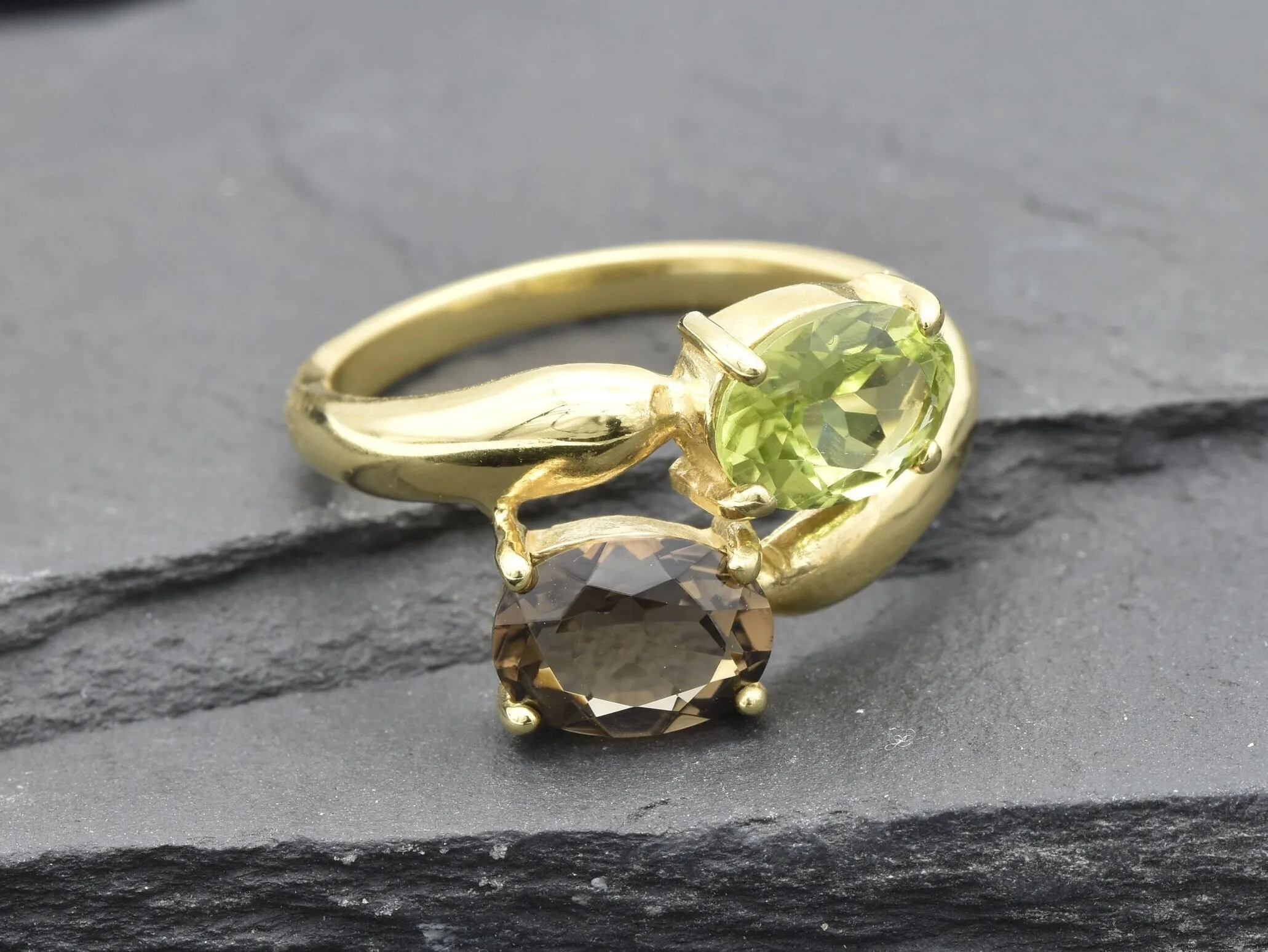 Two Stone Gold Ring - Topaz and Peridot Ring - Gold Bypass Ring