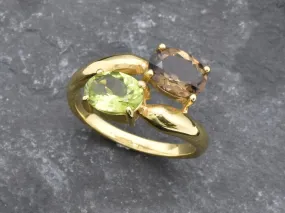 Two Stone Gold Ring - Topaz and Peridot Ring - Gold Bypass Ring