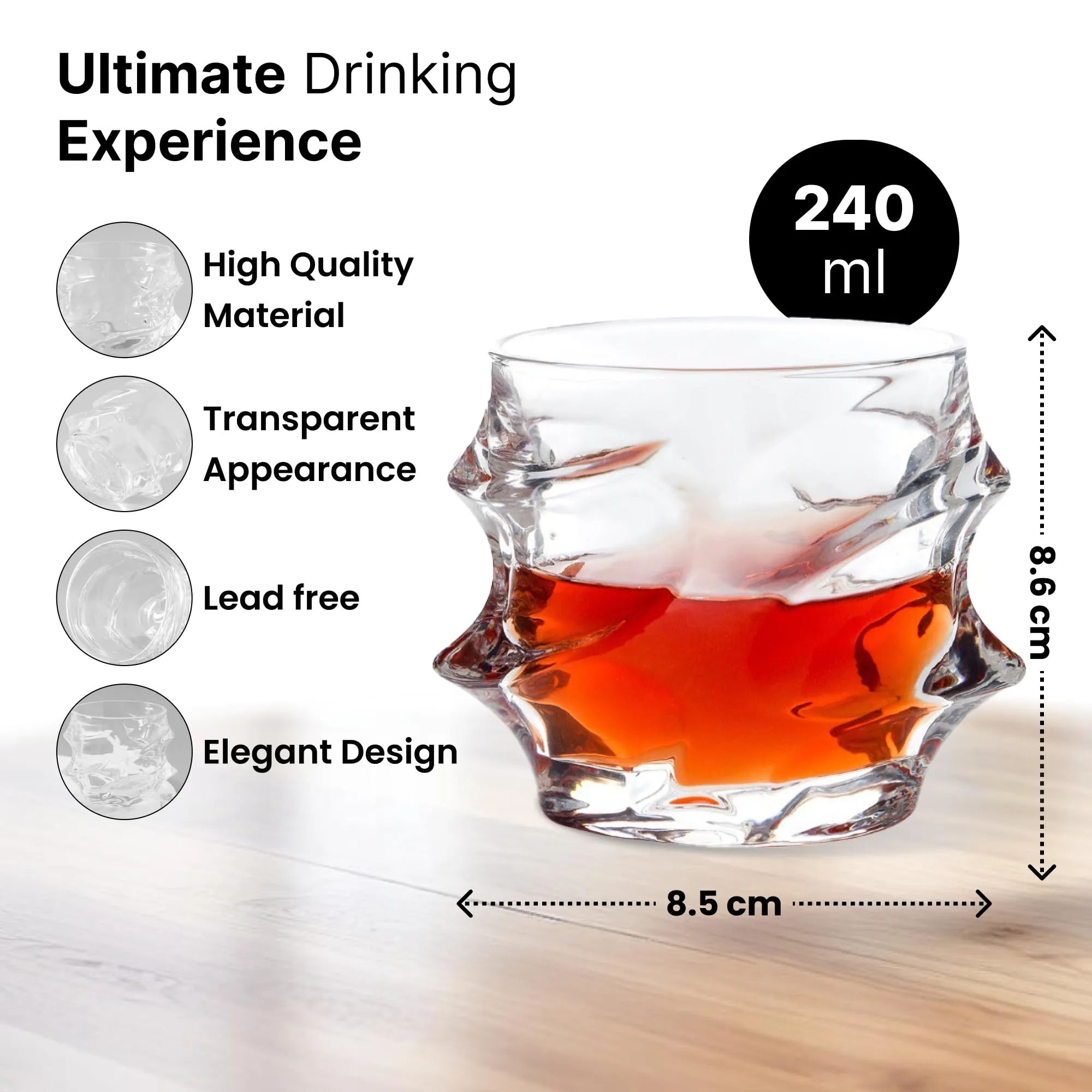 UMAI Whiskey Glasses Set of 4 (240ml Each) | Lead Free Neat Whiskey Glass | Heavy Bottom Drinking Glass | Crystal Glass for Bar Home | Glass for Drinks | Cocktail Glasses | Highball Glass