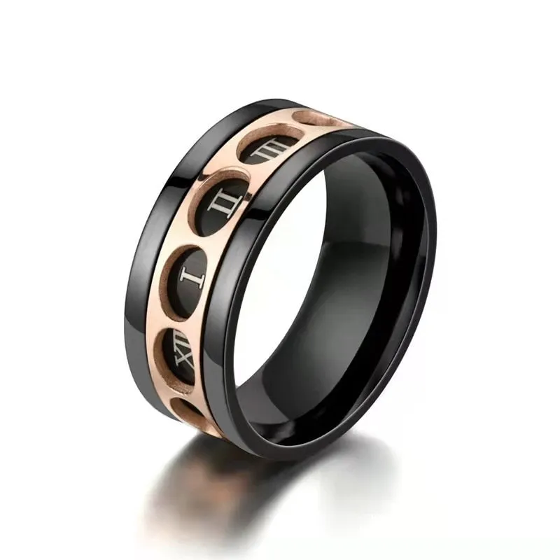 Unisex Just A Nail Black Finger Spinner Rose Gold Roman Numerals Titanium Rings