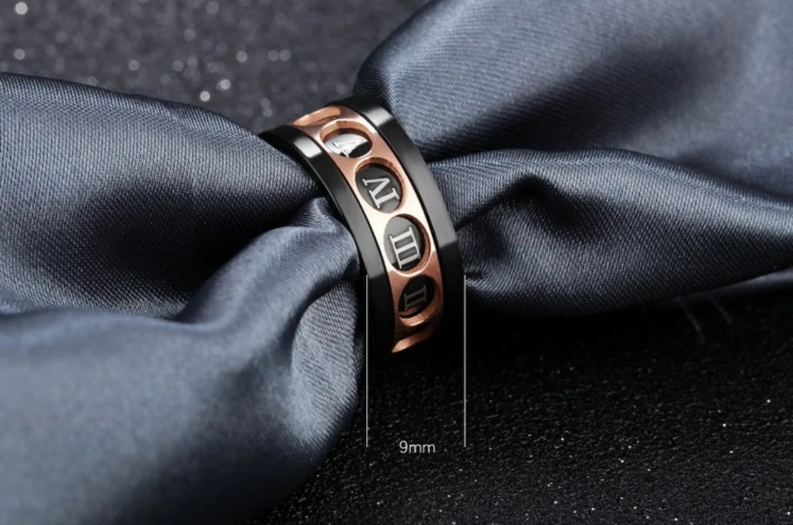 Unisex Just A Nail Black Finger Spinner Rose Gold Roman Numerals Titanium Rings