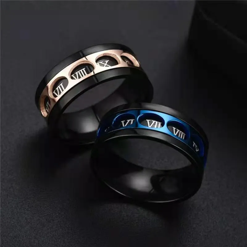 Unisex Just A Nail Black Finger Spinner Rose Gold Roman Numerals Titanium Rings