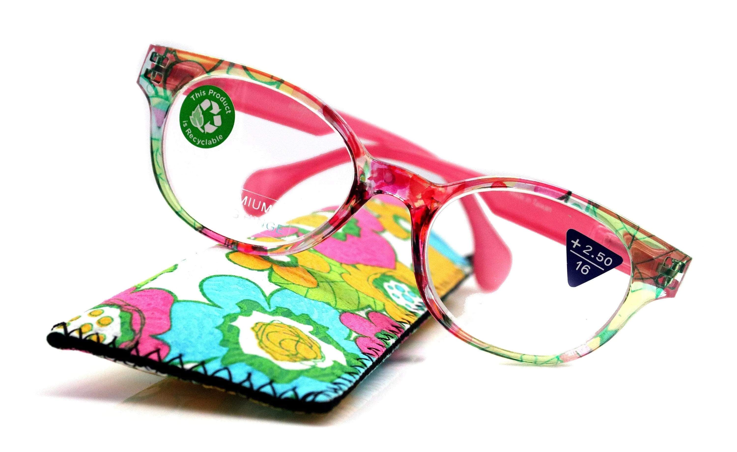 Versailles, (Premium) Reading Glasses High End Readers  1.25 ..  3.00 (Pink, Light Blue Floral) Round Optical Frames. NY Fifth Avenue.