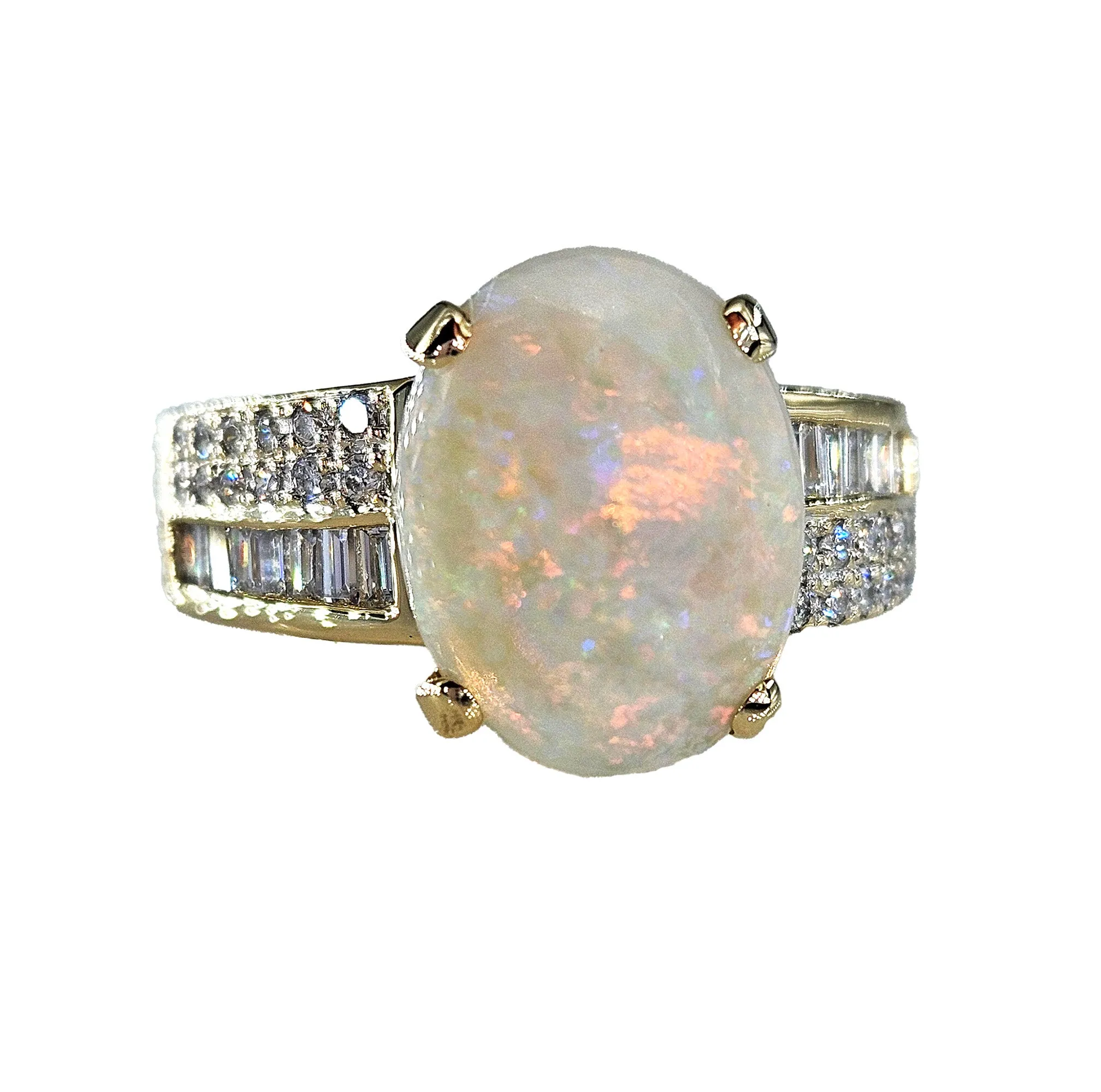 Vintage 5.54ctw Australian OPAL & Round Baguette Diamond 14k Yellow Gold Ring