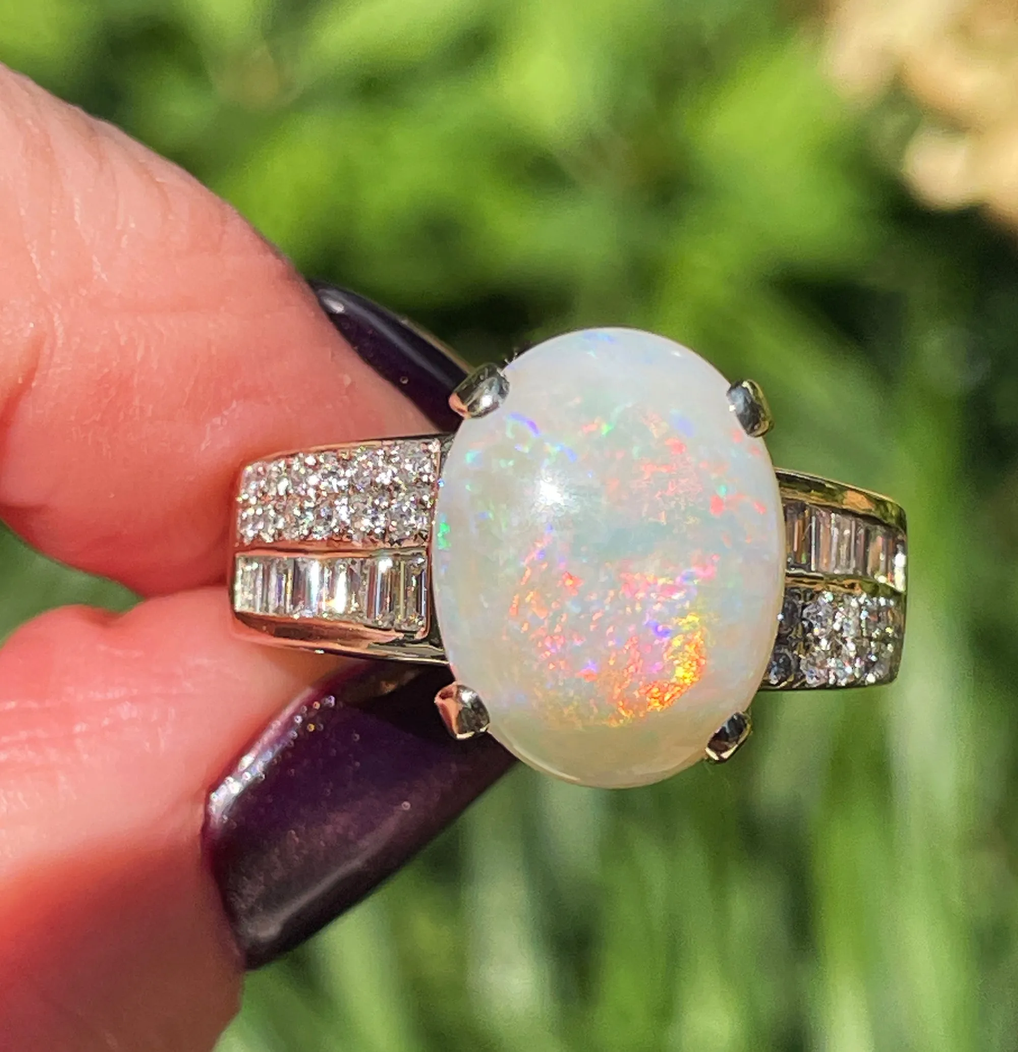 Vintage 5.54ctw Australian OPAL & Round Baguette Diamond 14k Yellow Gold Ring