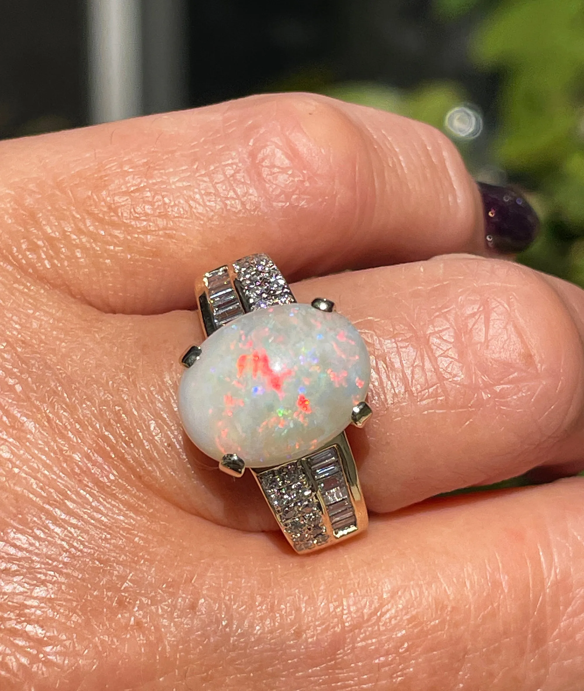 Vintage 5.54ctw Australian OPAL & Round Baguette Diamond 14k Yellow Gold Ring