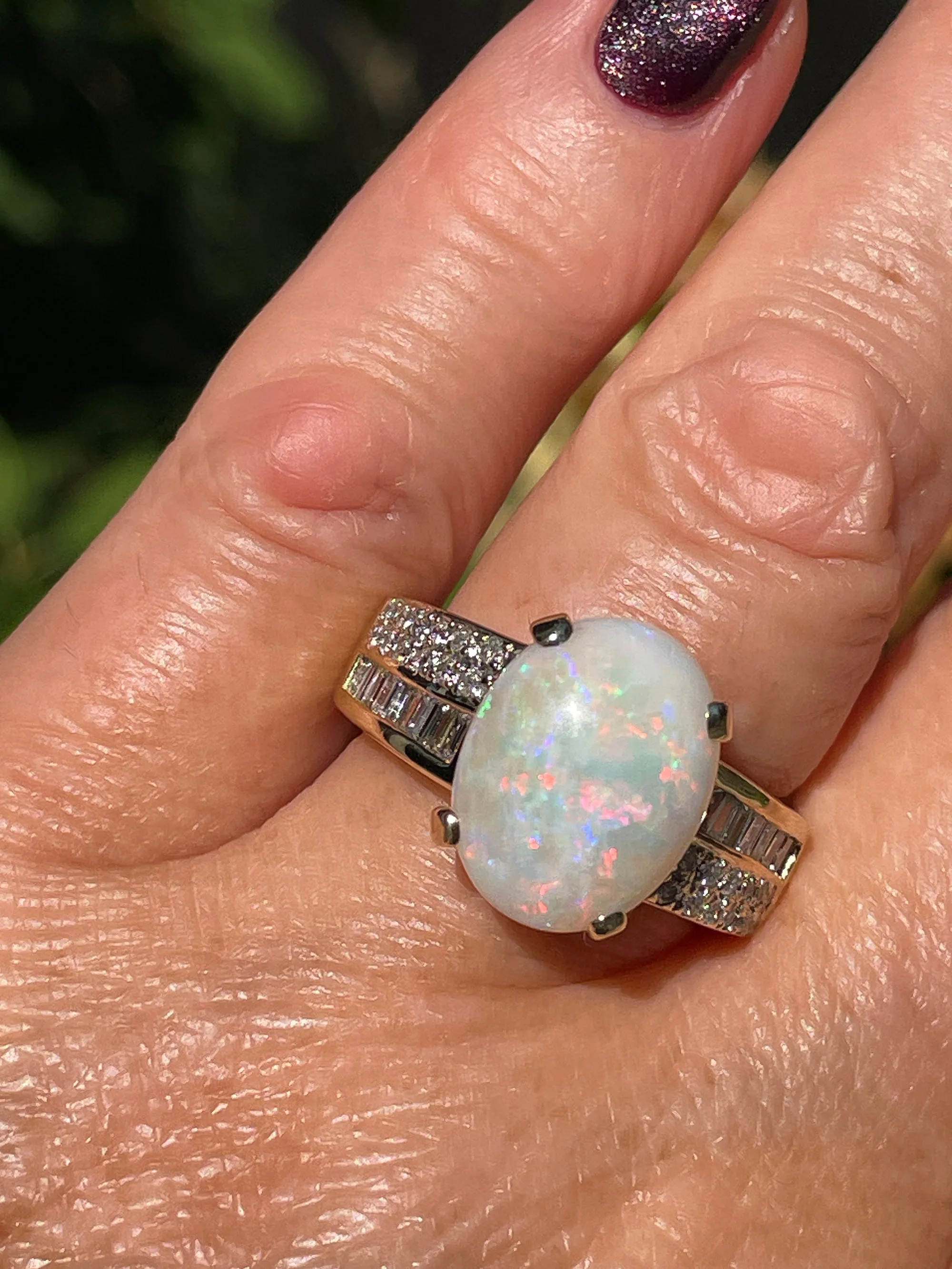 Vintage 5.54ctw Australian OPAL & Round Baguette Diamond 14k Yellow Gold Ring