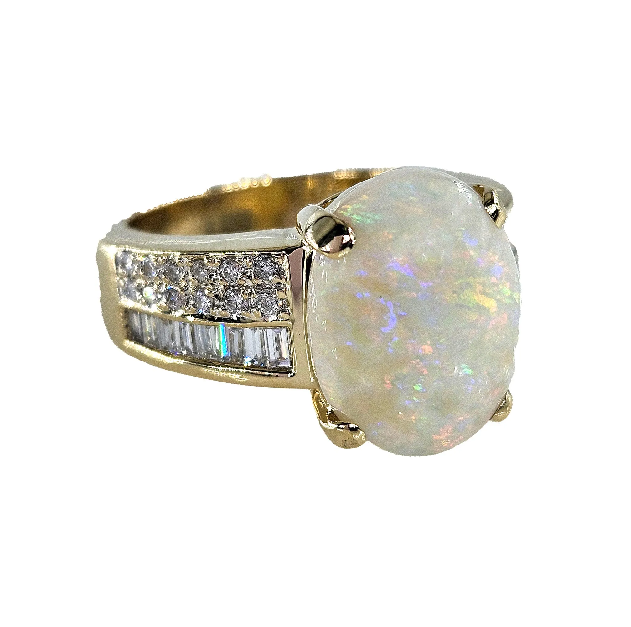 Vintage 5.54ctw Australian OPAL & Round Baguette Diamond 14k Yellow Gold Ring