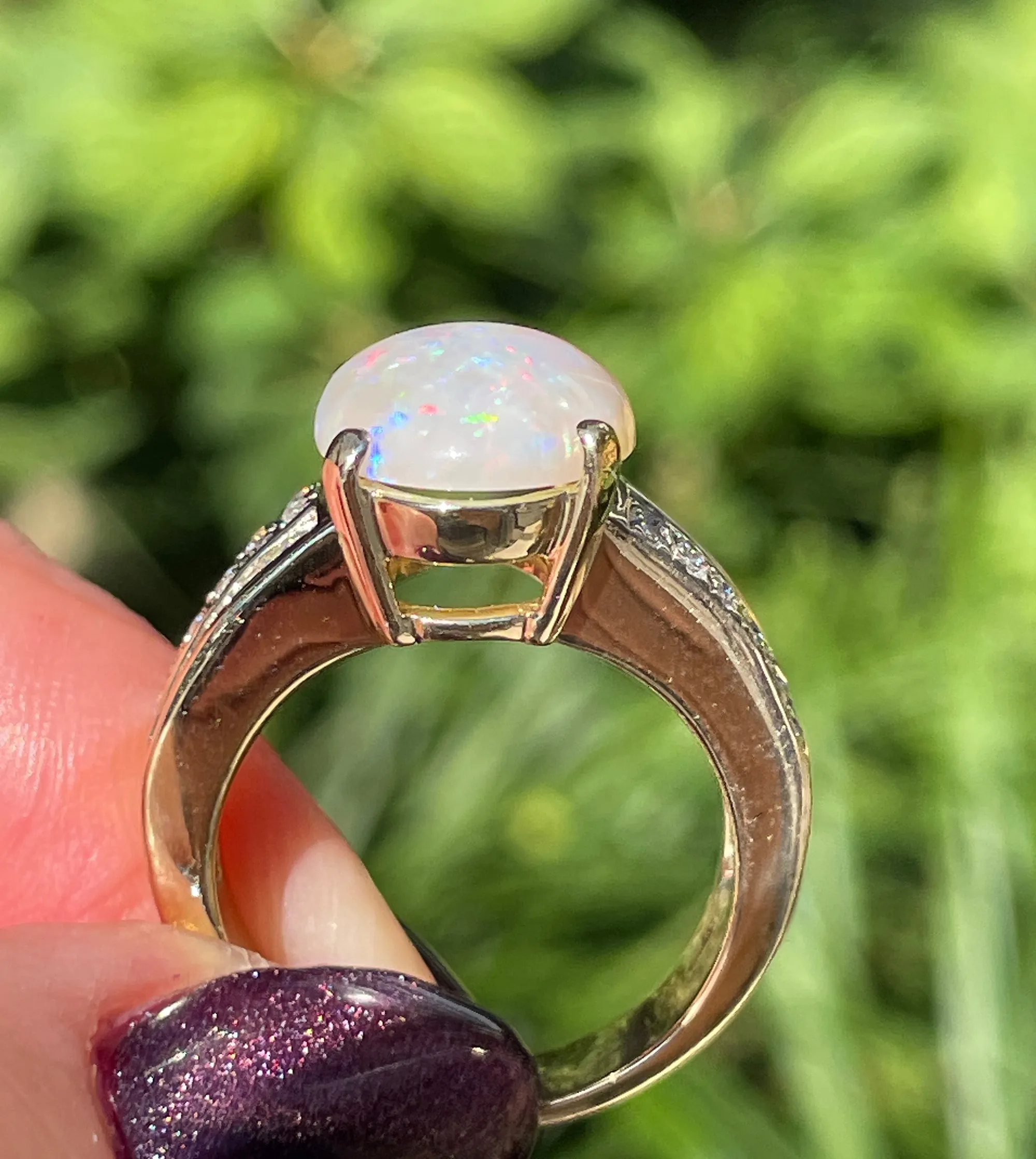 Vintage 5.54ctw Australian OPAL & Round Baguette Diamond 14k Yellow Gold Ring